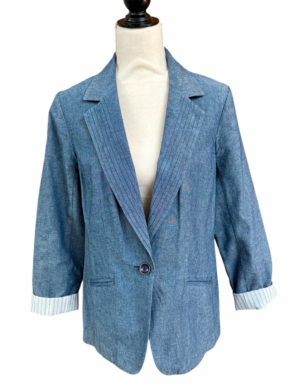 Trina Turk Chambray Denim Blazer Striped Cuffs Estimated Medium